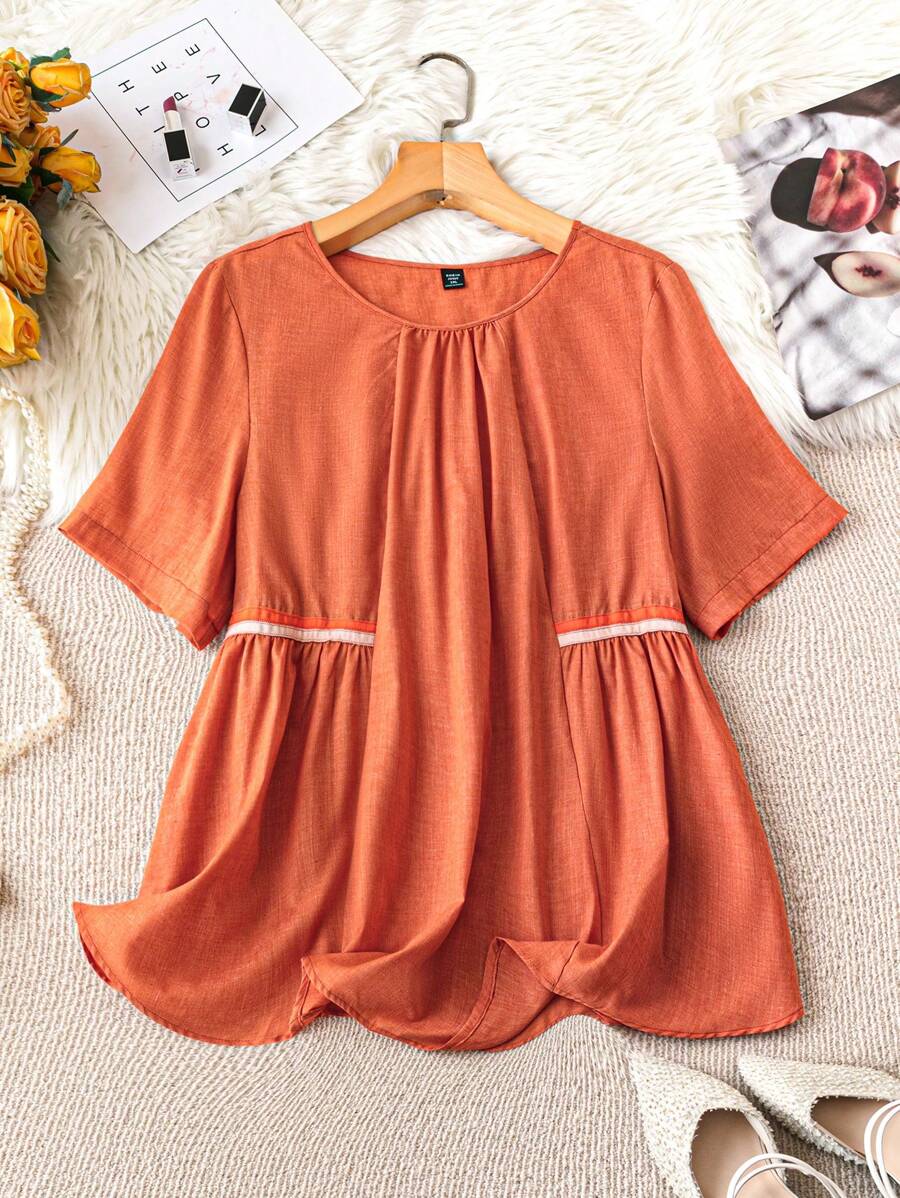 SHEIN LUNE Plus Size Women's Loose Fit Casual Short Sleeve Round Neck Shirt For Summer - Orange - View 1