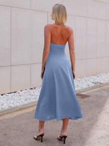 SHEIN Essnce Women's Summer Halter Neck Midi Dress With Waist Cut Out Detail - Blue - View 7