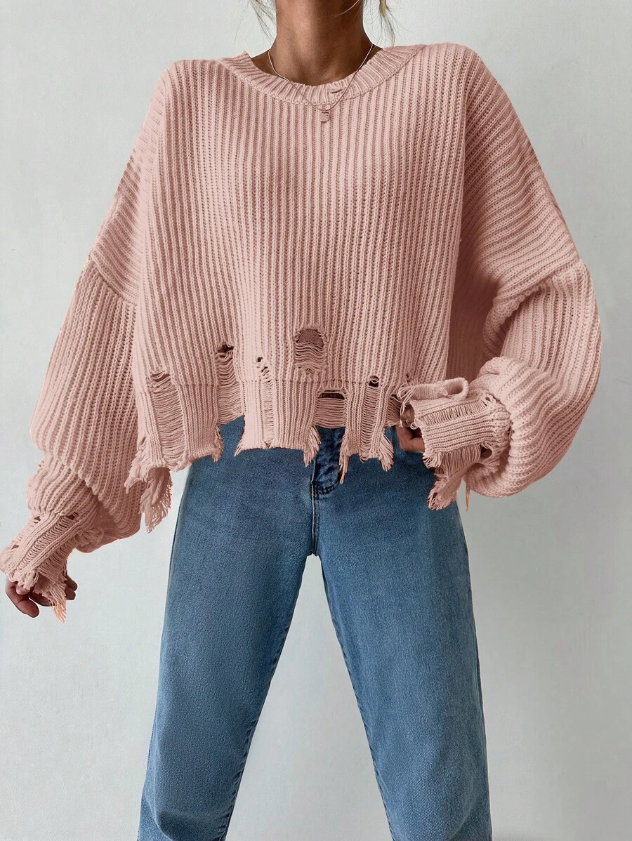 EURMUSE Drop Shoulder Distressed Trim Sweater - Pink - View 1