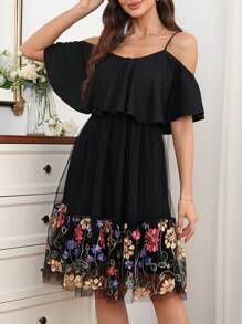 SHEIN Clasi Embroidered Elegant Open Shoulder Women's Dress - Black - View 3