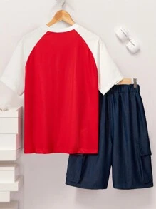 Teen Boy Casual Color Block Short Sleeve T-Shirt With Shoulder Inserts, Letter Printed, Paired With Solid Color Utility Shorts Summer Outfit, 2pcs/Set - Multicolor - View 2