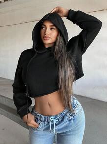 SHEIN SXY Sudadera corta holgada con capucha y manga larga para mujer - Negro - Ver 1