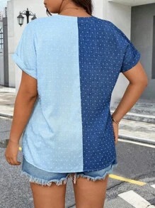 EMERY ROSE Camisa de talla grande con bloque de color casual para vacaciones con cuello en V y mangas murciélago - Multicolor - Ver 2