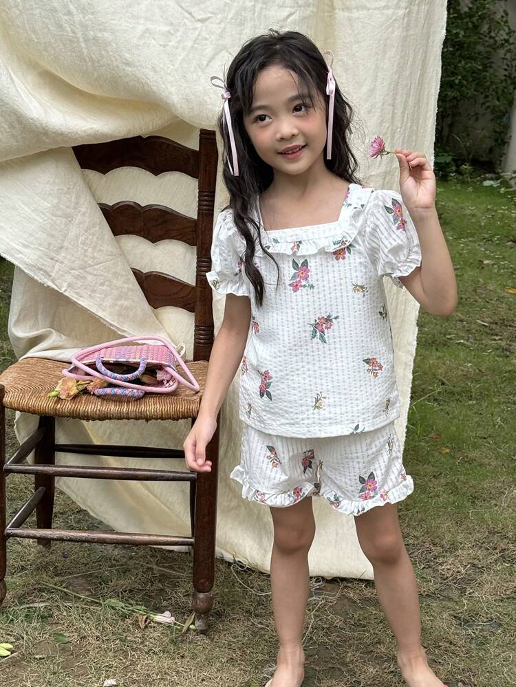 Young Girl Mesh Floral Digital Printed Ruffle Top And Shorts Set