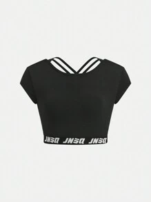 SHEIN 少女們的針織純色拼接字母肩帶T卹和短褲運動套裝 - 黑色 - 查看 8