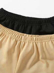 SHEIN 2入組女童彈性腰間蜘蛛網心形圖案短褲，休閒運動短褲套裝，適用於春夏季 - 卡其色 - 查看 3