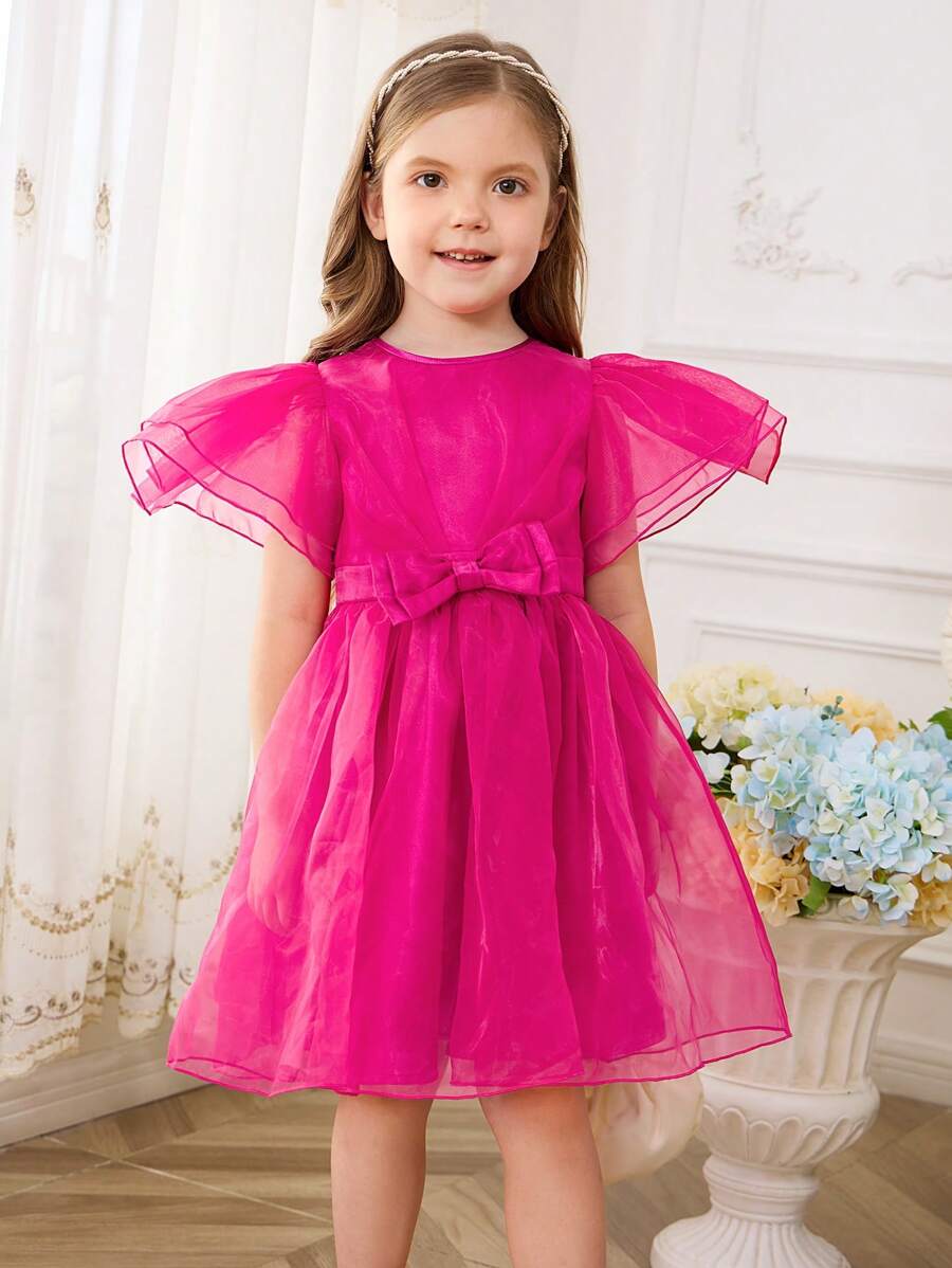 SHEIN Young Girl Woven Net Solid Color Elegant Organza Short Sleeve Party Dress With Bowknot And Waist-Cinching Design - Hot Pink - View 1