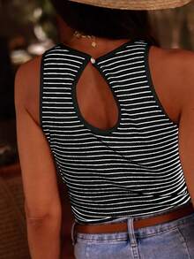 Striped Print Ribbed Knit Sleeveless Top Casual - Black - View 2