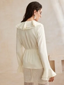 Anewsta Elegant Urban Professional Women's Cinching Waisted Woven Shirt - Beige - View 5
