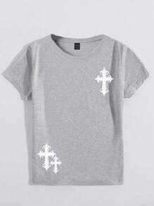 Maweii Summer Fashion Cross Print Round Neck T-Shirt Graphic Tees Women Tops - Grey - View 3