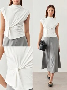 BizChic Top sin mangas de cuello alto con nudo elegante para mujer, atuendos de mujer para otoño
