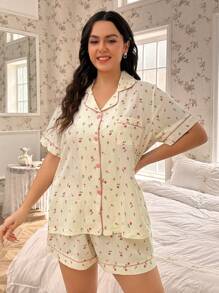 CottageSlumber Plus Ditsy Floral Print Contrast Piping PJ Set / Pajama Set Cozy And Elegant Details - Beige - View 6