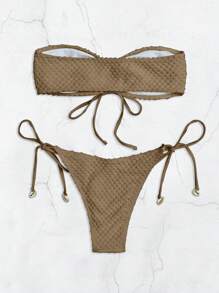 SHEIN Swim Women's Summer Beach Solid Color Strapless Hollow-Out Bandeau Bikini Set - Mocha Brown - View 3