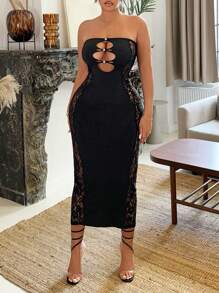 SHEIN SXY Summer Strapless Lace Patchwork Hollow Out Midi Bodycon Dress - Black - View 4