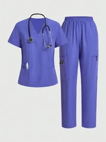 TaskEZ Solid Color Simple Daily  Uniform Scrub Set - Purple - View 1