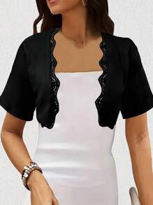 女式針織駐輕罩衫，輕盈防曬披肩，配有細肩帶，短款，可當外穿物品 - 黑色 - 查看 1