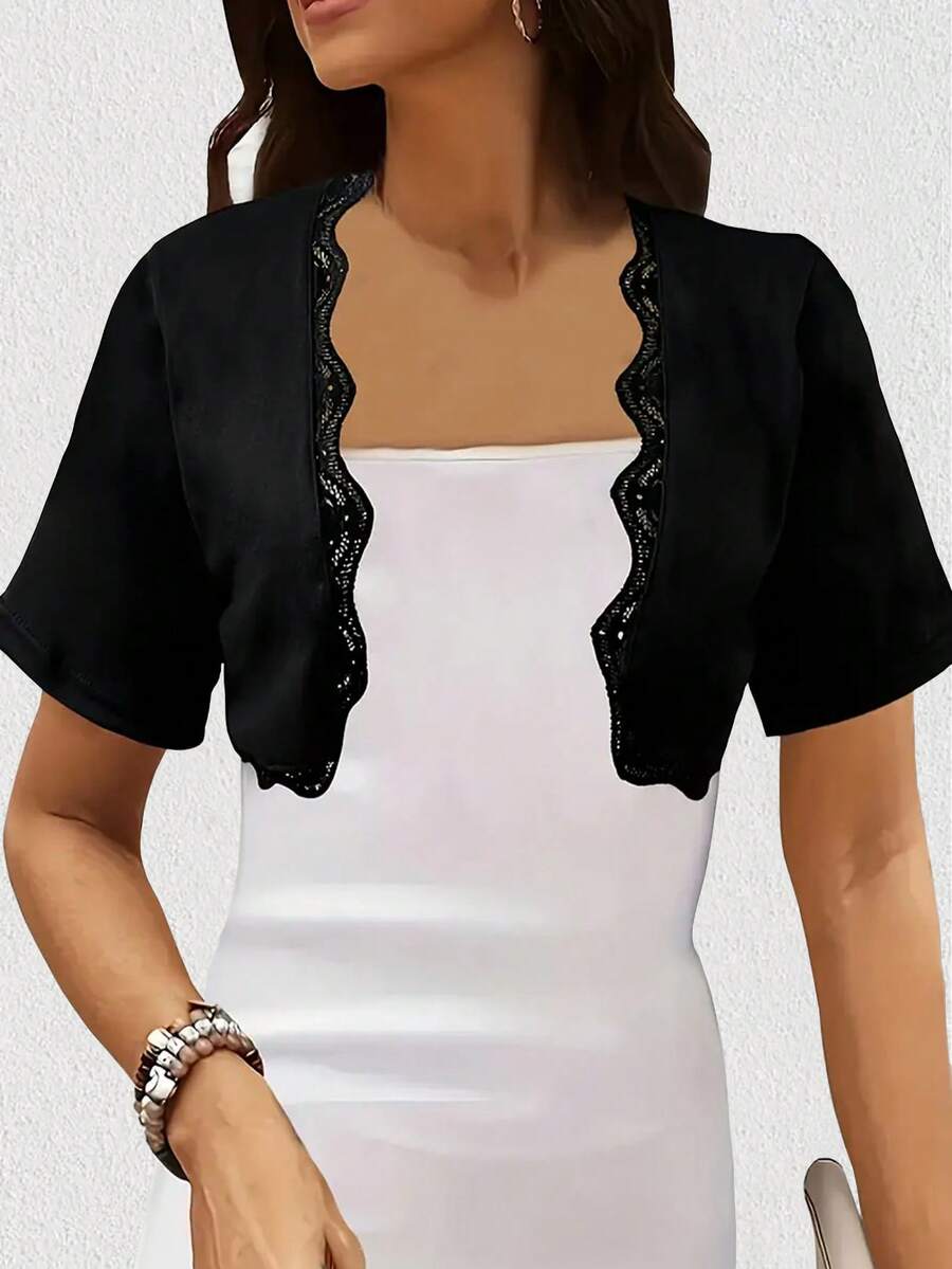 女式針織駐輕罩衫，輕盈防曬披肩，配有細肩帶，短款，可當外穿物品 - 黑色 - 查看 1