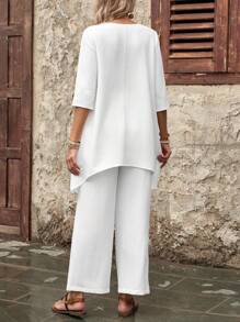 EMERY ROSE Women's Summer 3/4 Sleeve Shirt And Long Pants Set - White - View 2