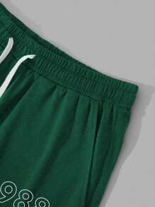 Manfinity Roghcode Men's Plus Size Letter Printed Drawstring Casual Sports Shorts - Dark Green - View 5