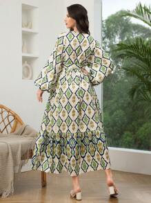 Mulvari Women's Belted Allover Print Round Neck Elegant Long Sleeve Dress, Summer