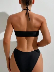 Swim EVENT Women's Vacation Patchwork Fringe Halter Strap Sexy Bikini Set, Separates Bikini Set Summer Beach - Black - View 3