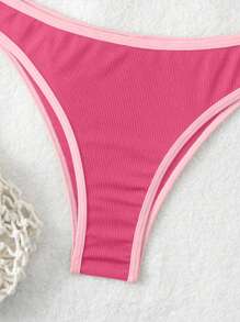SHEIN Swim 女性夏季海灘比基尼套裝，帶有搶眼的邊緣切割細節，性感兩件式泳裝 - 粉色 - 查看 5