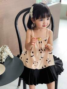 SHEIN Vestido divertido de tirantes con carita sonriente, dobladillo plisado y parches para bebé niña, casual y versátil - Multicolor - Ver 4