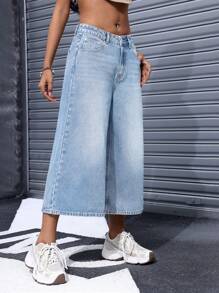 SHEIN EZwear Quần denim dáng rộng cạp cao có túi cho nữ - Rửa nhẹ - Xem 6