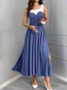 SHEIN Clasi Phong cách trưởng thành giản dị Váy denim màu xanh có nếp gấp cho nữ - Xanh và trắng - Xem 3