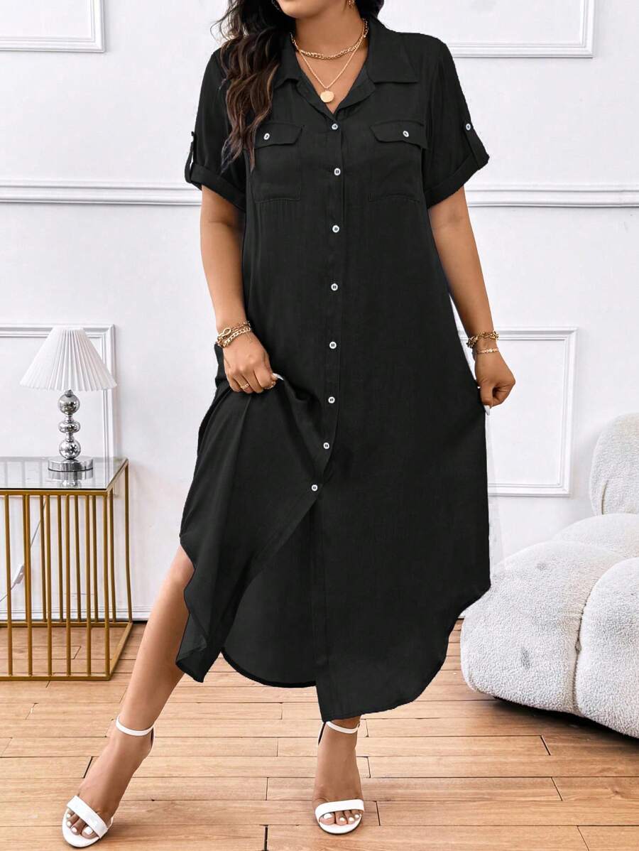 Calvaya Vestido de talla grande de unicolor con cuello vuelto, botones delanteros y bolsillo, mangas cortas, verano - Negro - Ver 1