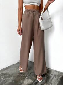 EURMUSE Pantalones de pierna ancha unicolor de cintura elástica - Beis - Ver 3