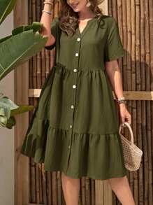 EMERY ROSE Plus Size Solid Color V-Neck Notch Ruffled Hemline Short Sleeve Summer Dress - Army Green - View 1