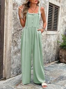 SHEIN LUNE Quần yếm kỳ nghỉ giải trí màu rắn - màu xanh lá - Xem 4
