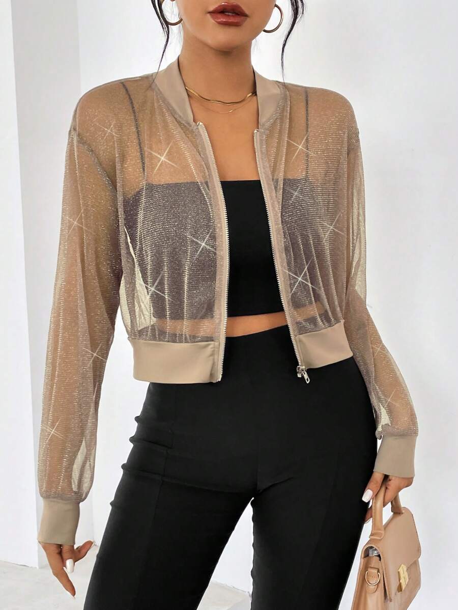 SHEIN Essnce Women's Simple & Translucent Daily Long Sleeve Jacket In Fall/Winter - Camel - View 1