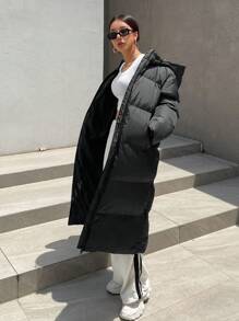DAZY 女士宽松长款连帽羽绒服，长袖，冬季女装，女士冬装外套 - 黑色 - 查看 6