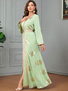 阿拉伯雪纺金色印花两件套女士朴素长袖连衣裙卡夫坦阿拉伯连衣裙