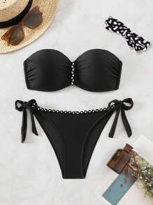 SHEIN Swim 夏季沙灘游泳用色塊褶皺無肩帶比基尼套裝 - 黑色 - 查看 5
