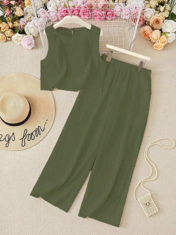 SHEIN LUNE 舒适白色亚麻无袖上衣和七分裤套装 - 橄欖綠 - 查看 6