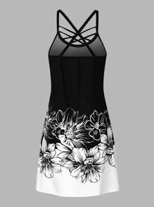 EMERY ROSE Women's Criss-Cross V-Neck Colorful Floral Printed Sleeveless Dress - Black and White - View 2