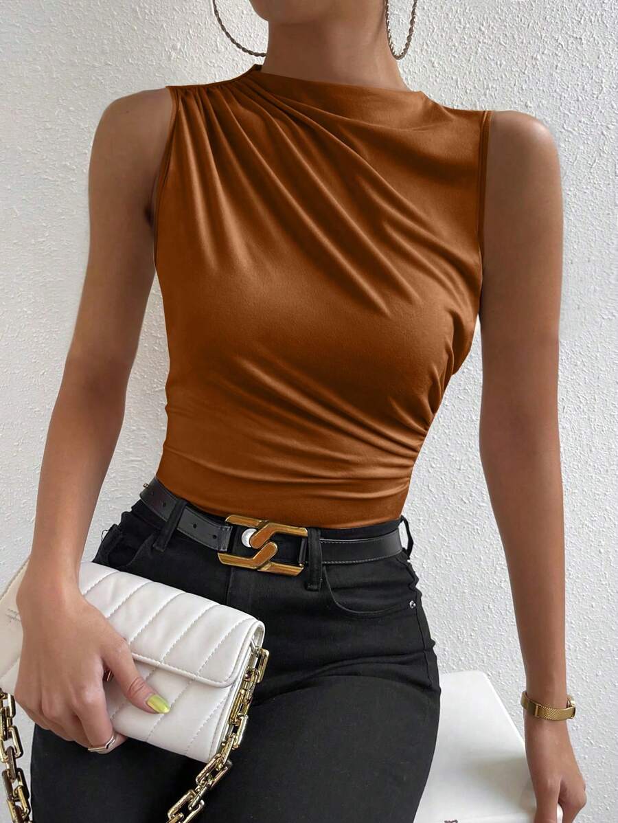 Chiquease Ladies' Summer Solid Color Stand Collar Pleated Casual Tank Top