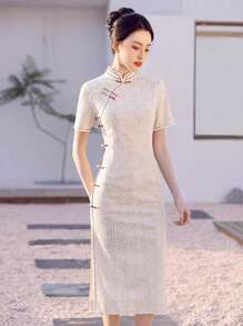 Women's Elegant & Simple Short Sleeve Qipao Chinese Dress For Daily Wear - Beige - View 3