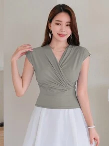 DAZY 女式夏季短袖V領交叉褶皺T恤 - 灰色 - 查看 4