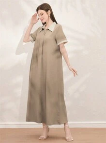 Al Najma 拼色休閒阿拉伯款夏季短袖連衣裙 - 卡其色 - 查看 3