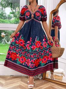 Flirla Plus Size Printed Hollow Out Dress For Vacation - Black - View 3