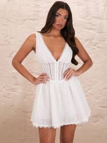 SHEIN BAE Women's White Jacquard Embroidered V-Neck Sweet And Elegant French-Style Vacation A-Line Dress, Perfect For Dating Or Wedding - White - View 7