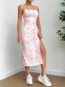 SHEIN EZwear 女式全印花雪紡懸肩開叉連身裙 - 彩色 - 查看 4