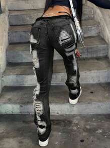 Jeans style boyfriend à jambe évasée, coupe slim, avec poches en biais, ourlet effiloché et délavé, style streetwear Y2K - Noir - Voir 2