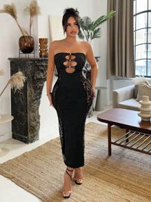 SHEIN SXY Summer Strapless Lace Patchwork Hollow Out Midi Bodycon Dress - Black - View 6