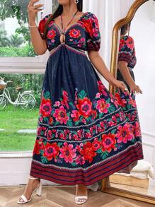 Flirla Plus Size Printed Hollow Out Dress For Vacation - Black - View 4