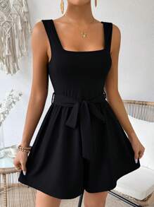 SHEIN Holidaya Solid Color Square Neck Backless Belted Sleeveless Jumpsuit For Summer - Black - View 4